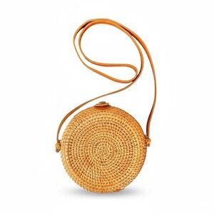 Round Circle Rattan Straw Crossbody Bag Womens‎ Tan Leather Strap Woven Boho